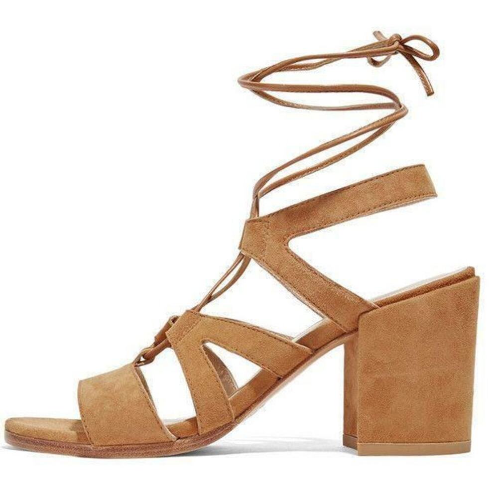 Stuart Weitzman Tie Girl Bingo Brown Suede Summer Sandals Block Heels Size 7.5